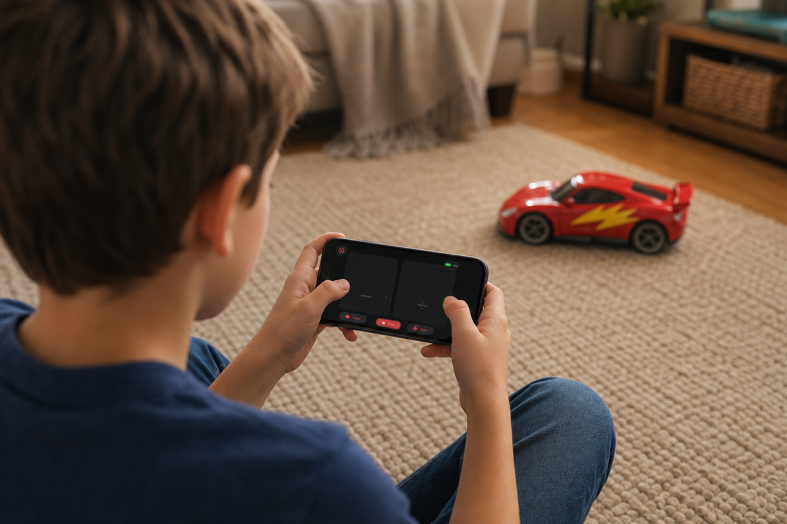 Kid using phone controls to drive a red toy race car