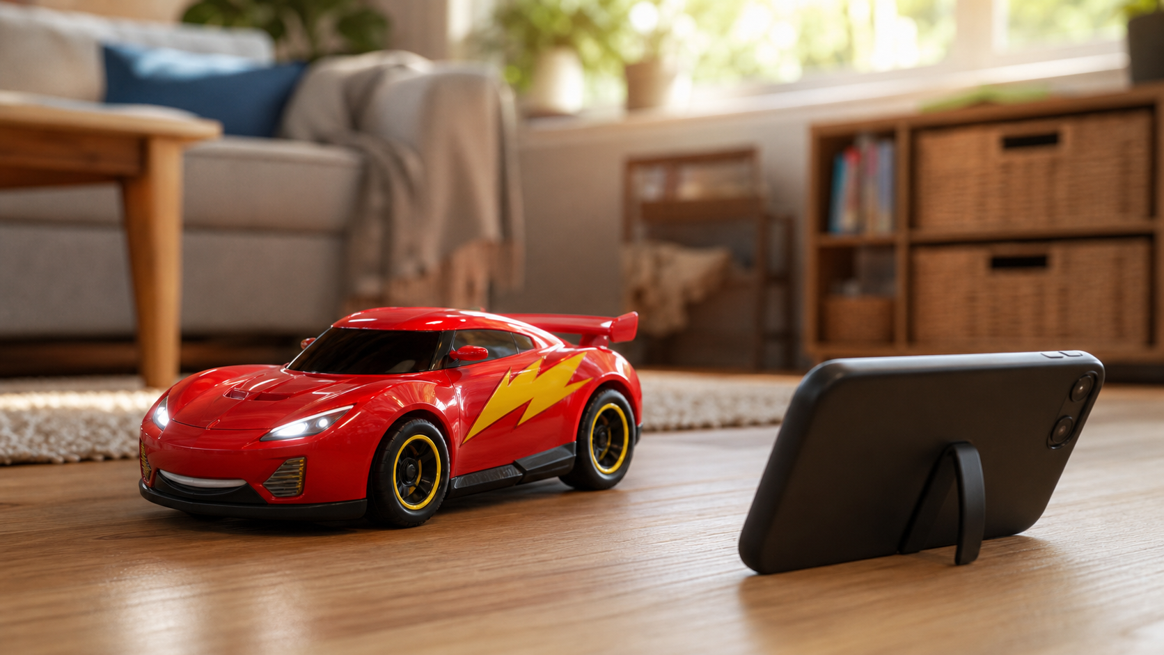 Red toy race car beside a phone being used as its remote